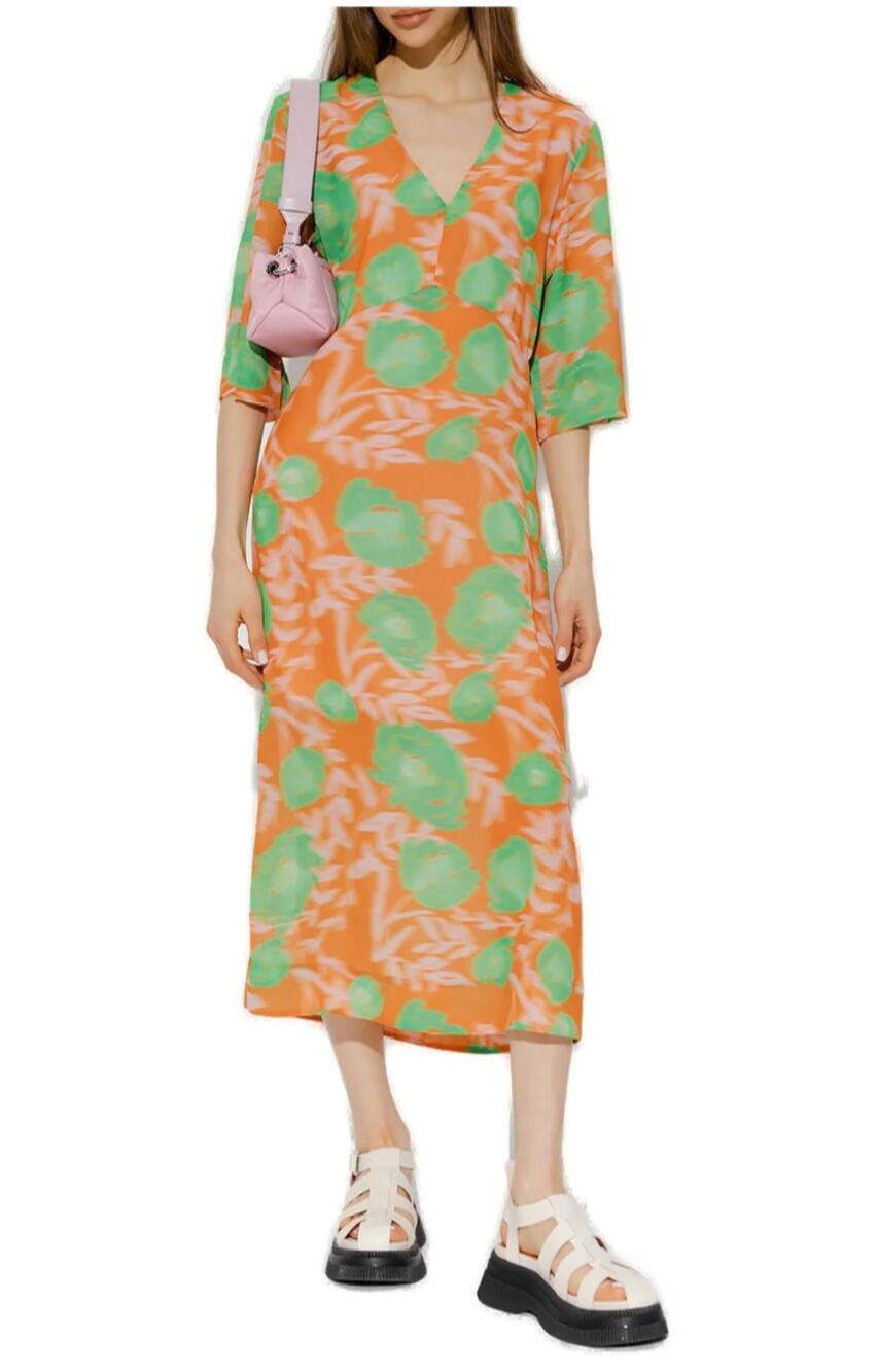 GANNI Floral-Print Midi Dress Blurred Floral Motif z 42